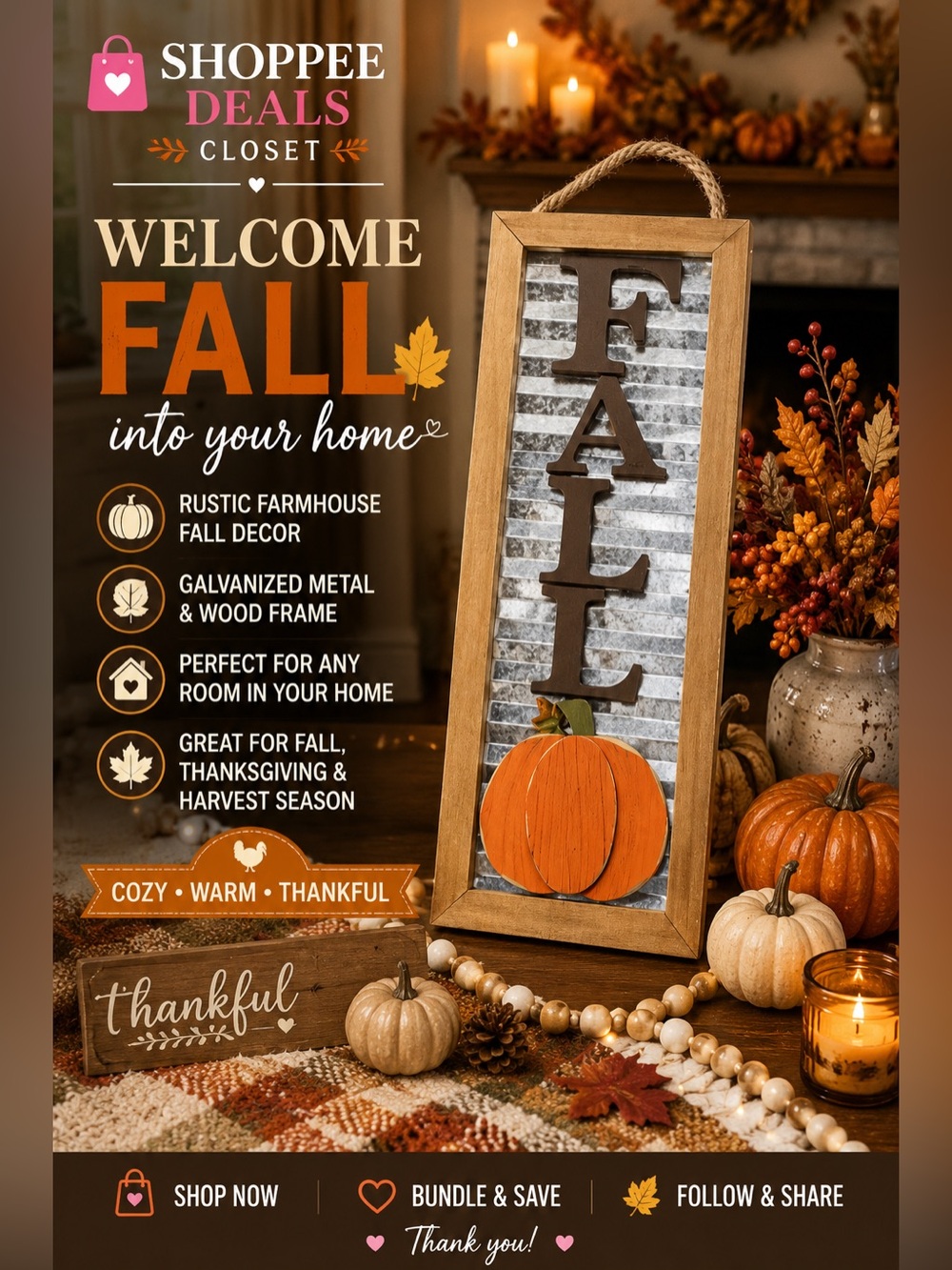 Rustic FALL Pumpkin Wall Sign Farmhouse Galvanized Metal Wood Hanging Decor 16”